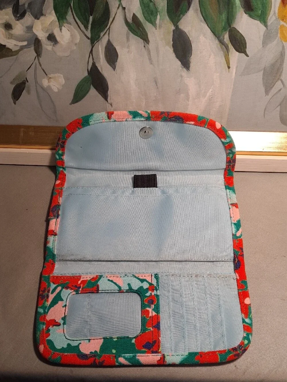Kavu Big Spender Painted Floral Cotton Canvas Trifold Wallet Green Orange Pink